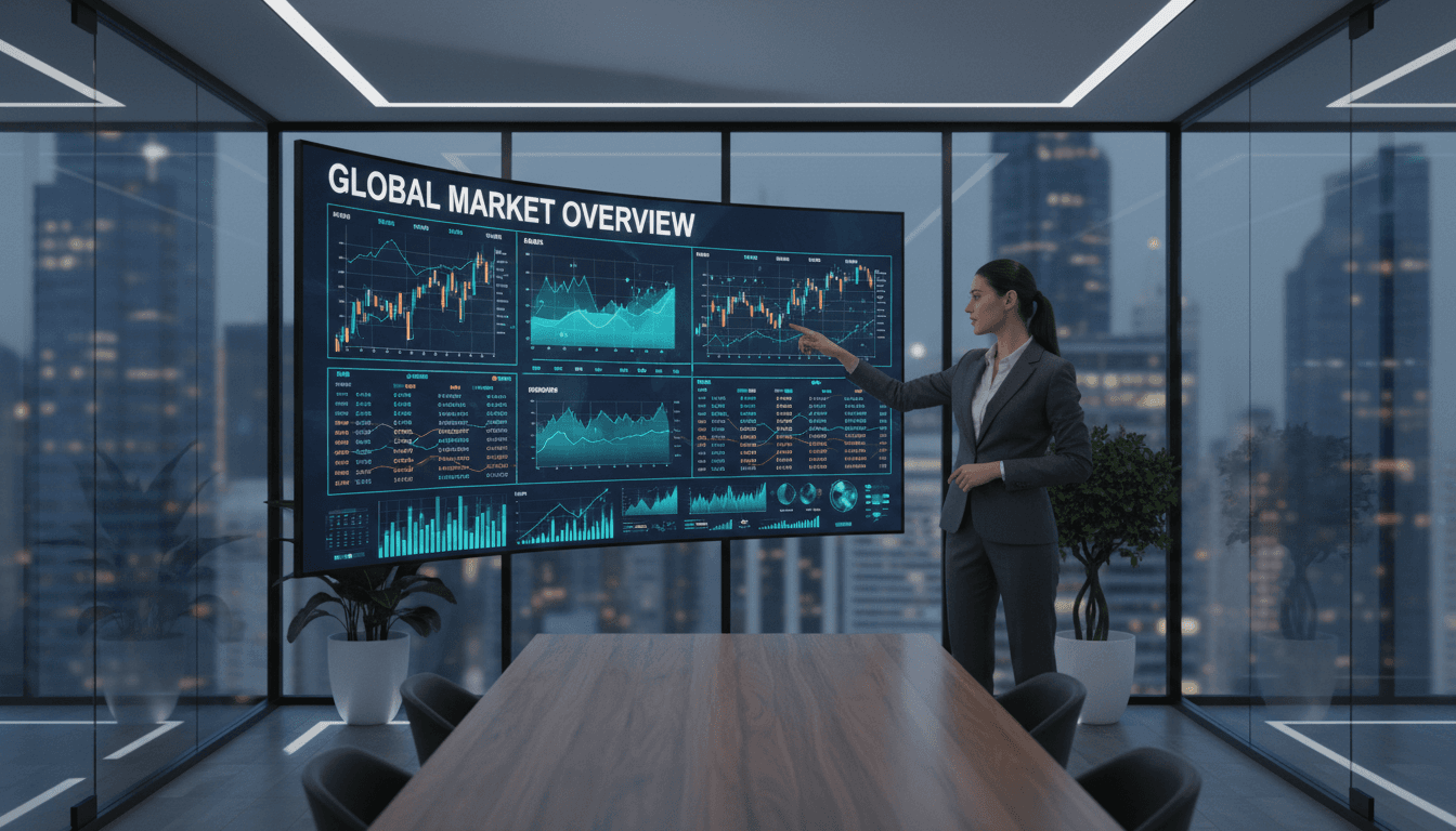 Businesswoman pointing at financial charts and data displayed on large digital screen in modern office